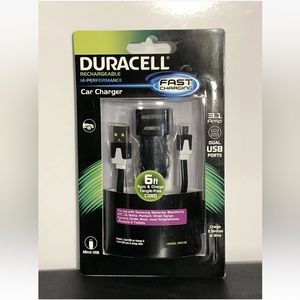 Duracell Dual USB Car Charger w/ 6 ft Sync & Charge Cord 3.1 Amp Fast Charge